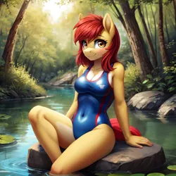 Size: 656x656 | Tagged: safe, ai content, derpibooru import, machine learning generated, prompter:dordrago, apple bloom, anthro, earth pony, belly button, breasts, cleavage, clothes, female, forest, g4, image, lake, looking at you, nature, one-piece swimsuit, png, rock, sitting, smiling, smiling at you, solo, swimsuit, tree, water