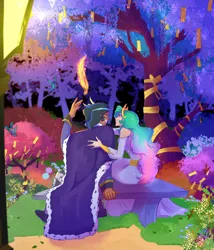 Size: 1200x1400 | Tagged: safe, artist:btanimator, derpibooru import, king sombra, princess celestia, butterfly, human, insect, bench, duo, duo male and female, facing away, female, garden, good king sombra, grin, humanized, image, jpeg, levitation, light skin, looking at each other, looking at someone, magic, male, quill, ship:celestibra, shipping, sitting, smiling, smiling at each other, straight, tan skin, telekinesis, tree