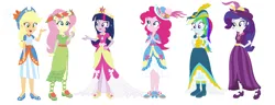 Size: 1712x660 | Tagged: safe, artist:machakar52, artist:selenaede, derpibooru import, applejack, fluttershy, pinkie pie, rainbow dash, rarity, twilight sparkle, twilight sparkle (alicorn), alicorn, human, equestria girls, base used, big crown thingy, blue dress, boots, clothes, coronation dress, cowboy hat, crown, dress, element of magic, feathered hat, female, floral head wreath, flower, flower in hair, g4, green dress, hand on hip, hat, high heel boots, high heels, image, jewelry, mane six, necklace, open mouth, open smile, pink dress, png, purple dress, regalia, shoes, simple background, smiling, white background