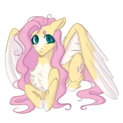 Size: 2000x2000 | Tagged: safe, artist:sychia, derpibooru import, fluttershy, pegasus, pony, alternate hairstyle, chest fluff, cute, female, image, lying down, mare, markings, png, prone, redesign, shyabetes, simple background, solo, transparent background, unshorn fetlocks