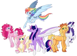 Size: 4292x3144 | Tagged: safe, artist:sychia, derpibooru import, applejack, fluttershy, pinkie pie, rainbow dash, rarity, twilight sparkle, twilight sparkle (alicorn), alicorn, earth pony, pegasus, pony, unicorn, alternate hairstyle, applejack's hat, chest fluff, cowboy hat, female, flying, freckles, hair over one eye, hat, horn, image, leonine tail, lying down, mane six, mare, markings, one eye closed, png, prone, redesign, simple background, tail, transparent background, unshorn fetlocks, wink