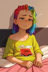 Size: 683x1024 | Tagged: prompter needed, safe, ai content, machine learning generated, rainbow dash, human, bed, bedroom, child, clothes, female, freckles, humanized, image, jpeg, shirt, solo, tired, younger