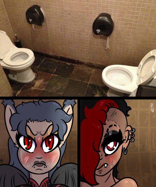 Size: 1080x1297 | Tagged: safe, artist:lazerblues, derpibooru import, oc, oc:bella, oc:yuzu, hybrid, satyr, bathroom, ear piercing, hybrid oc, image, parent:oc:miss eri, piercing, png, toilet