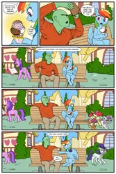 Size: 2400x3600 | Tagged: safe, artist:mobius_, artist:redruin01, derpibooru import, amethyst star, apple bloom, rainbow dash, rarity, scootaloo, sweetie belle, oc, oc:anon, human, pegasus, pony, comic:ice cream, angry, clothes, colored, comic, cute, cutie mark crusaders, female, food, g4, ice cream, ice cream cone, image, mare, png, ponyville, tomboy