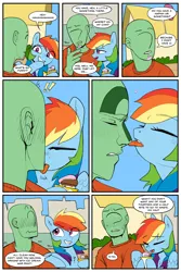 Size: 2400x3600 | Tagged: safe, artist:mobius_, artist:redruin01, derpibooru import, rainbow dash, oc, oc:anon, human, pegasus, pony, comic:ice cream, clothes, colored, comic, cute, female, food, g4, ice cream, ice cream cone, image, laughing, licking, mare, png, ponyville, tomboy, tongue out