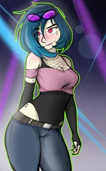 Size: 2176x3500 | Tagged: safe, artist:nolyanimeid, derpibooru import, vinyl scratch, human, equestria girls, 2d, belt, breasts, cleavage, clothes, eyebrows, female, g4, glasses, image, indoors, jpeg, pants, raised eyebrow, smiling, solo