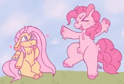 Size: 546x371 | Tagged: safe, artist:b4rkzal0t, derpibooru import, fluttershy, pinkie pie, earth pony, pegasus, pony, ><, bipedal, blushing, cute, diapinkes, duo, duo female, eyes closed, female, floppy ears, g4, grass, heart, image, lesbian, mare, open mouth, open smile, png, pubic fluff, ship:flutterpie, shipping, shyabetes, signature, sitting, sky, smiling, unshorn fetlocks, wings