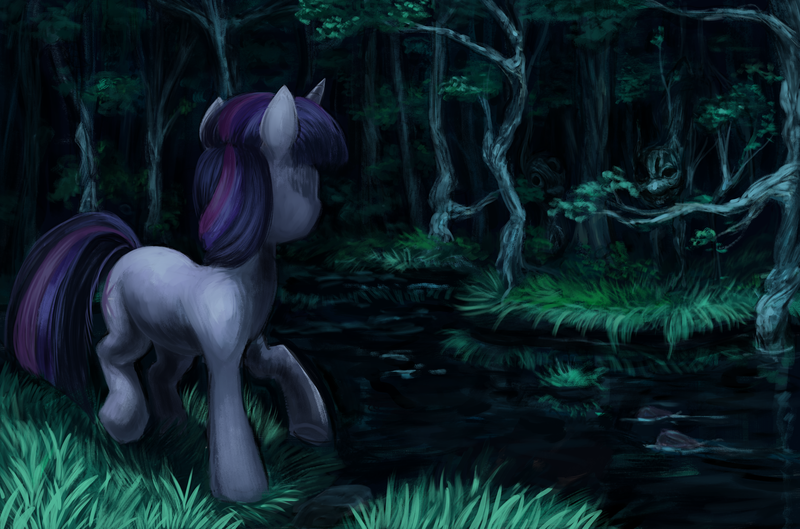 Size: 4391x2906 | Tagged: semi-grimdark, artist:misstwipietwins, derpibooru import, twilight sparkle, pony, unicorn, absurd resolution, body horror, creepy, forest, horn, image, nature, png, tree