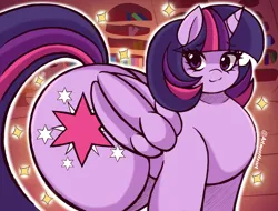 Size: 2048x1555 | Tagged: safe, artist:artmorheart, derpibooru import, twilight sparkle, twilight sparkle (alicorn), alicorn, pony, butt, g4, huge butt, image, large butt, lights, looking at you, png, small head, smiling, smiling at you, smirk, twibutt, wings