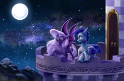 Size: 4100x2685 | Tagged: safe, artist:teaflower300, derpibooru import, oc, unofficial characters only, bat pony, pony, bat pony oc, bat wings, duo, full moon, image, moon, night, png, wings