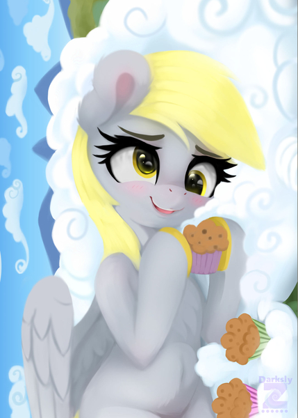 Size: 1299x1818 | Tagged: safe, artist:darksly, derpibooru import, derpy hooves, pegasus, pony, belly, belly button, blushing, body pillow, chest fluff, cloud, derp, female, food, image, jpeg, mare, muffin, on a cloud, smiling, solo