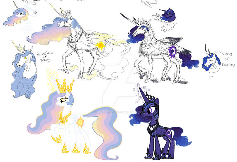 Size: 1082x739 | Tagged: safe, artist:moondeer1616, derpibooru import, princess celestia, princess luna, alicorn, pony, deviantart watermark, female, headcanon, headcanon in the description, image, jewelry, jpeg, mare, obtrusive watermark, redesign, regalia, simple background, watermark, white background