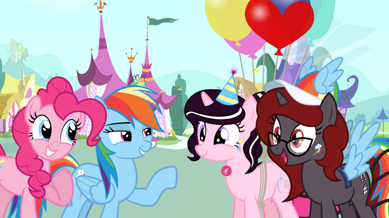 Size: 1920x1080 | Tagged: safe, derpibooru import, pinkie pie, rainbow dash, oc, oc:curse word, oc:magpie, earth pony, pegasus, pony, unicorn, balloon, clothes, cosplay, costume, female, horn, image, jpeg