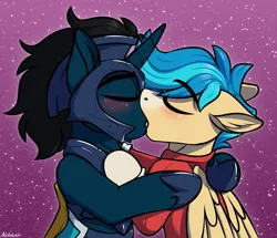 Size: 1509x1296 | Tagged: safe, artist:notetaker, derpibooru import, oc, oc:slashing prices, oc:waveshaper, unofficial characters only, pegasus, pony, unicorn, armor, blushing, clothes, commission, duo, gay, helmet, hoof shoes, horn, image, kissing, lifeguard, male, pegasus oc, png, royal guard, royal guard armor, shipping, stallion, stars, two toned mane, unicorn oc, watermark, wings