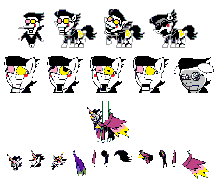 Size: 1200x1020 | Tagged: safe, artist:creepa-bot inc., derpibooru import, ponified, alicorn, earth pony, pony, animated, black hair, deltarune, floppy ears, gif, glasses, image, laughing, male, pixel art, puppet, puppet strings, simple background, smiling, spamton, spamton neo, sprite sheet, stallion, static, strings, transparent background