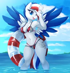 Size: 3874x4071 | Tagged: suggestive, artist:pearlyiridescence, derpibooru import, oc, oc:petrol pegasus, unofficial characters only, anthro, pegasus, pony, belly button, bikini, breasts, checkerboard, clothes, female, image, inner tube, mare, ocean, one eye closed, open mouth, outdoors, peace sign, png, pool toy, smiling, solo, solo female, spread wings, swimsuit, water, wings, wink