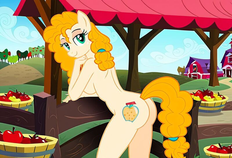 Size: 1216x832 | Tagged: questionable, ai content, machine learning generated, stable diffusion, pear butter, anthro, earth pony, apple, apple orchard, busty pear butter, exhibitionism, flirty, hand on chin, image, inviting, jpeg, leaning forward, looking back at you, market stall, pinup, seductive pose, sexy, sideboob, smiling, solo, standing, sunbathing, sweet apple acres