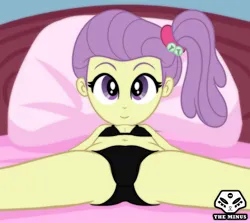 Size: 1000x890 | Tagged: suggestive, artist:theminus, lily pad (equestria girls), equestria girls, bed, belly button, bra, breasts, child, clothes, delicious flat chest, female, image, jpeg, lily pad (g4), open legs, panties, spreading, underage, underwear