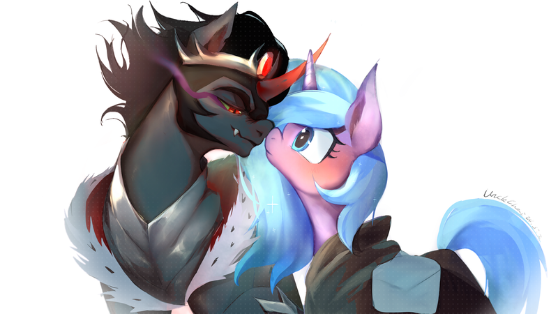 Size: 1934x1087 | Tagged: safe, artist:unclechai, derpibooru import, idw, king sombra, radiant hope, unicorn, boop, horn, image, png, romance, romantic, simple background, standing, white background