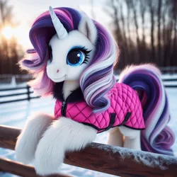 Size: 1024x1024 | Tagged: safe, ai content, machine learning generated, ponerpics import, ponybooru import, rarity, pony, unicorn, alternate hair color, bing, clothes, female, fence, fluffy, image, jpeg, leaning, leaning forward, mare, semi-realistic, snow, solo, winter outfit