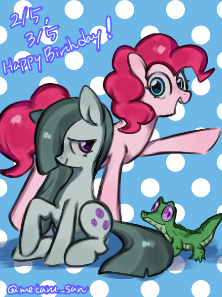 Size: 3072x4096 | Tagged: safe, artist:metaruscarlet, derpibooru import, gummy, marble pie, pinkie pie, earth pony, pony, cutie mark, g4, happy birthday, hooves up, image, open mouth, pet, png, polka dot background, sitting