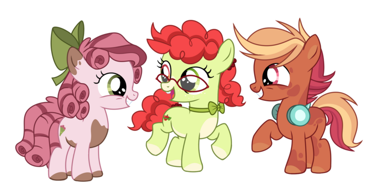 Size: 1271x628 | Tagged: safe, artist:primrosepaper, derpibooru import, oc, oc:combo breaker, oc:rosebud, oc:sour apple tart, unofficial characters only, earth pony, pony, bow, bucktooth, coat markings, colt, female, filly, foal, g4, glasses, grin, hair bow, headphones, headphones around neck, heterochromia, image, male, next generation, offspring, pale belly, parent:button mash, parent:pipsqueak, parent:scootaloo, parent:sweetie belle, parents:scootamash, parents:sweetiesqueak, parents:twistbloom, pinto, png, ribbon, simple background, smiling, transparent background, trio