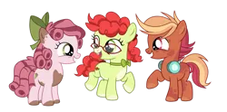 Size: 1271x628 | Tagged: safe, artist:primrosepaper, derpibooru import, oc, oc:combo breaker, oc:rosebud, oc:sour apple tart, unofficial characters only, earth pony, pony, bow, bucktooth, coat markings, colt, female, filly, foal, g4, glasses, grin, hair bow, headphones, headphones around neck, heterochromia, image, male, next generation, offspring, pale belly, parent:button mash, parent:pipsqueak, parent:scootaloo, parent:sweetie belle, parents:scootamash, parents:sweetiesqueak, parents:twistbloom, pinto, png, ribbon, simple background, smiling, transparent background, trio