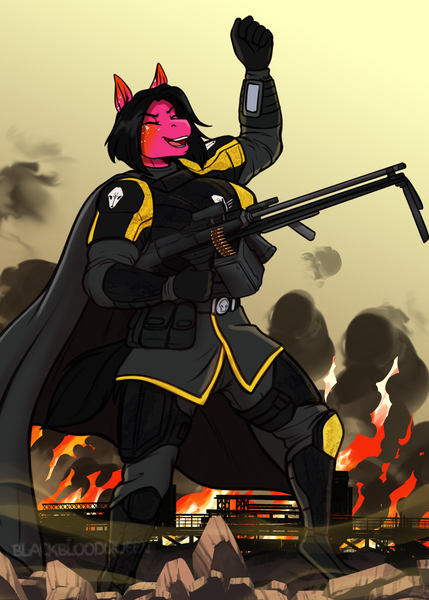 Size: 2392x3344 | Tagged: safe, artist:blackblood-queen, derpibooru import, oc, oc:sugar strike, unofficial characters only, anthro, earth pony, anthro oc, fist, gun, helldiver, helldivers, helldivers 2, image, machine gun, png, raised fist, solo, weapon