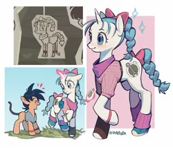 Size: 1481x1265 | Tagged: safe, artist:erinartista, derpibooru import, ponified, earth pony, pony, unicorn, scare master, blushing, bulma, colt, dragon ball, duo, duo male and female, emanata, female, foal, g4, horn, image, jpeg, male, mare, open mouth, open smile, screencap reference, signature, simple background, smiling, son goku, white background