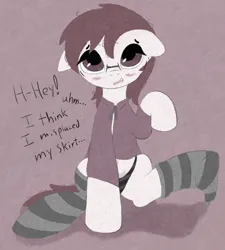 Size: 790x878 | Tagged: suggestive, artist:castafae, derpibooru import, oc, oc:velveteen, unofficial characters only, earth pony, pony, abstract background, belly button, birthmark, blushing, cardigan, clothes, dialogue, embarrassed, fangs, female, floppy ears, glasses, image, looking up, mare, messy mane, png, raised hoof, sitting, socks, solo, spread legs, spreading, striped socks, striped underwear, underwear