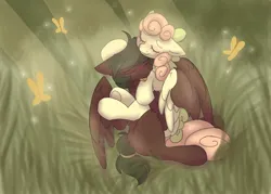 Size: 2800x2000 | Tagged: safe, artist:puppie, derpibooru import, oc, oc:soft sonance, oc:stormchaser, unofficial characters only, butterfly, insect, pegasus, affection, couple, cuddling, grass, hug, image, png, pretty