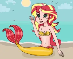 Size: 894x717 | Tagged: safe, artist:ocean lover, derpibooru import, sunset shimmer, bird, human, mermaid, seagull, bare shoulders, beach, beautiful, beautisexy, belly button, boat, bra, clothes, cloud, curvy, cute, fins, fish tail, hourglass figure, human coloration, humanized, image, light skin, lips, long hair, looking at you, mermaid tail, mermaidized, mermay, midriff, ms paint, ocean, outdoors, png, pretty, sand, seashell, seashell bra, shimmerbetes, sitting, sky, smiling, smiling at you, species swap, sun, tail, tail fin, teal eyes, tropical, underwear, water, wave, waving, waving at you