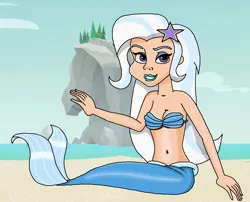 Size: 870x702 | Tagged: safe, artist:ocean lover, derpibooru import, edit, edited screencap, screencap, trixie, human, mermaid, bare shoulders, beach, beautiful, beautisexy, belly button, blue lipstick, bra, clothes, cloud, curvy, fins, fish tail, great and powerful, hair ornament, hairpin, hourglass figure, human coloration, humanized, image, lips, lipstick, long hair, mermaid tail, mermaidized, mermay, midriff, moderate dark skin, ms paint, ocean, outdoors, png, pretty, purple eyes, sand, seashell, seashell bra, sitting, sky, smiling, smirk, species swap, tail, tail fin, underwear, water, wave, white hair