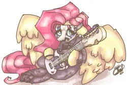 Size: 3600x2400 | Tagged: safe, artist:mannybcadavera, derpibooru import, fluttershy, pegasus, pony, electric guitar, face paint, female, floppy ears, g4, guitar, high res, hoof hold, image, large wings, mare, musical instrument, png, signature, simple background, sitting, slipknot, solo, white background, wings