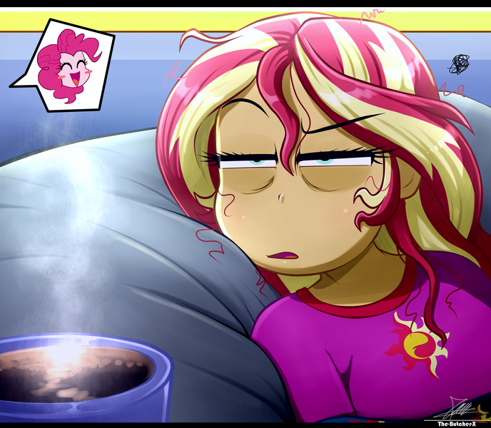 Size: 2334x2034 | Tagged: safe, artist:the-butch-x, derpibooru import, pinkie pie, sunset shimmer, human, equestria girls, 2d, annoyed, arms, blanket, breasts, bust, clothes, coffee, coffee cup, collar, cup, curly hair, excited, eyebrows, eyes closed, female, g4, happy, image, indoors, lidded eyes, long hair, long sleeves, lying down, messed up hair, narrowed eyes, open mouth, open smile, pajamas, pillow, png, raised eyebrow, smiling, teenager, tired, unamused