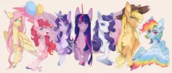 Size: 3638x1559 | Tagged: safe, artist:qpnnn, derpibooru import, applejack, fluttershy, pinkie pie, rainbow dash, rarity, starlight glimmer, twilight sparkle, alicorn, earth pony, pegasus, pony, unicorn, alternate design, colored wings, countershading, female, height difference, horn, image, looking at you, mane six, mare, multicolored wings, png, rainbow wings, slender, thin, twitterina design, wings