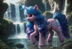 Size: 1216x832 | Tagged: safe, ai content, derpibooru import, machine learning generated, prompter:kluknawa235, stable diffusion, izzy moonbow, unicorn, g5, chest fluff, cloud, cloudy, ear fluff, generator:pony diffusion v6 xl, horn, image, jpeg, levitation, magic, raised leg, smiling, telekinesis, water, waterfall