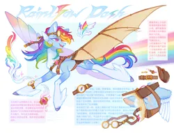 Size: 4250x3250 | Tagged: safe, artist:qpnnn, derpibooru import, rainbow dash, alternate design, amputee, artificial wings, augmented, chinese text, coat markings, image, long legs, moon runes, pale belly, png, prosthetic limb, prosthetic wing, prosthetics, reference sheet, slender, socks (coat marking), thin, turned head, twitterina design, wings