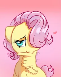 Size: 919x1165 | Tagged: safe, artist:flutterbug18, derpibooru import, fluttershy, pegasus, pony, alternate hairstyle, cute, female, floppy ears, gradient background, hair over one eye, heart, image, lidded eyes, mare, png, short mane, shyabetes, smiling, solo, wing hands, wings