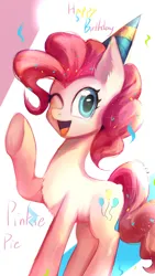Size: 1080x1920 | Tagged: safe, artist:unclechai, derpibooru import, pinkie pie, birthday, cute, hat, image, party hat, png, raised hoof, simple background