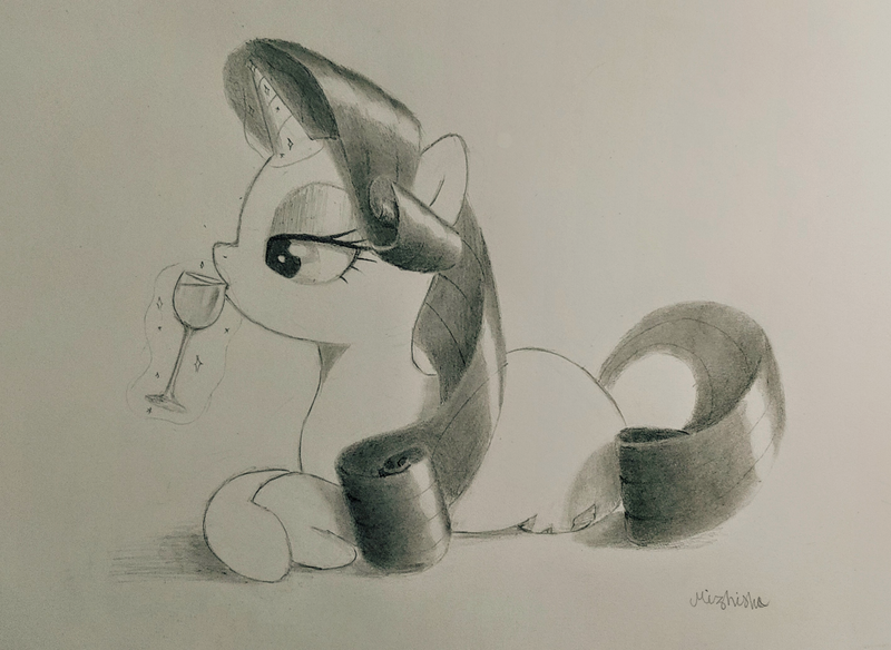 Size: 2838x2072 | Tagged: safe, artist:mizhisha, derpibooru import, rarity, pony, drink, drinking, g4, glass, image, png, traditional art, wine glass