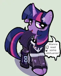 Size: 250x312 | Tagged: safe, artist:dowa, ponerpics import, twilight sparkle, pony, unicorn, boots, clothes, collar, fishnet clothing, goth, goth twilight sparkle, hairpin, image, png, shoes, skirt, speech bubble, spiked collar, studded belt