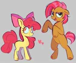 Size: 2048x1676 | Tagged: safe, artist:b4rkzal0t, derpibooru import, apple bloom, babs seed, earth pony, pony, bipedal, cousins, female, filly, foal, gray background, heart, image, jpeg, open mouth, simple background, smiling, unshorn fetlocks
