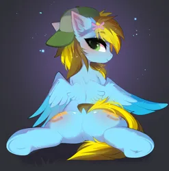 Size: 3498x3536 | Tagged: safe, artist:empress-twilight, derpibooru import, oc, oc:lucky bolt, unofficial characters only, pegasus, pony, backwards ballcap, baseball cap, blushing, bow, butt, cap, colored wings, ear fluff, featureless crotch, female, hair bow, hat, high res, image, looking at you, looking back, lying down, plot, png, smiling, smiling at you, solo, stretching, tomboy, two toned wings, underhoof, wings