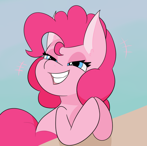 Size: 2428x2404 | Tagged: safe, artist:tkshoelace, derpibooru import, pinkie pie, earth pony, pony, grin, hooves together, image, png, simple background, smiling, solo