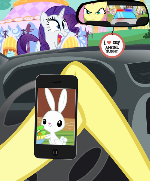 Size: 850x1024 | Tagged: safe, artist:anonymous, derpibooru import, angel bunny, fluttershy, rarity, pony, air freshener, car, carousel boutique, driving, image, iphone, meme, mobile phone, offscreen character, phone, png, police car, ponified meme, pov, smartphone, vector