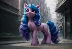Size: 1216x832 | Tagged: safe, ai content, derpibooru import, machine learning generated, prompter:kluknawa235, stable diffusion, izzy moonbow, unicorn, g5, chest fluff, cloud, cloudy, ear fluff, generator:pony diffusion v6 xl, horn, image, jpeg, realistic, smiling, standing, town