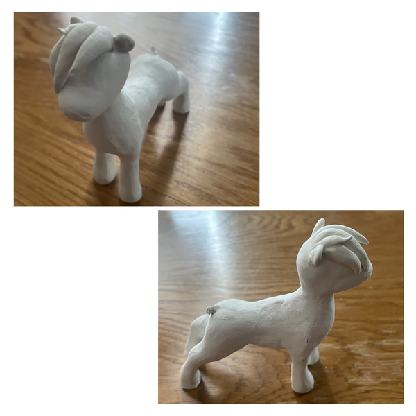 Size: 3464x3464 | Tagged: safe, artist:artsypaws, derpibooru import, oc, oc:jay mihay, pegasus, pony, bald, clay, craft, ears, figure, g4, hind legs, hooves, image, jpeg, male, photo, sculpting, sculpture, smiling, solo, stallion, standing, thighs, wip