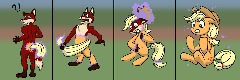 Size: 1600x536 | Tagged: safe, artist:faithsdk, derpibooru import, applejack, oc, oc:borgri, earth pony, fox, pony, red fox, applejack's hat, cowboy hat, furry, furry oc, furry to pony, hat, image, png, sitting, tail, tail pull, transformation, transformation sequence