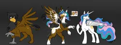 Size: 6905x2567 | Tagged: safe, artist:maximumeevee, derpibooru import, princess celestia, oc, alicorn, gryphon, pony, absurd resolution, character to character, cutie mark, griffon oc, image, pictogram, png, rearing, simple background, spread wings, transformation, transformation sequence, wings